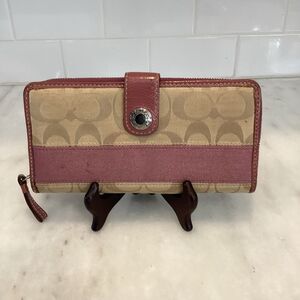 Coach Wallet Canvas Pink Tan Jacquard Signature Stripe Logo Full Sized Wallet